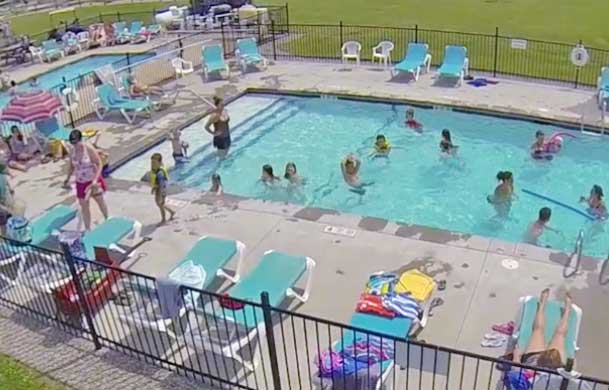 aerial view of swimming pool and slides